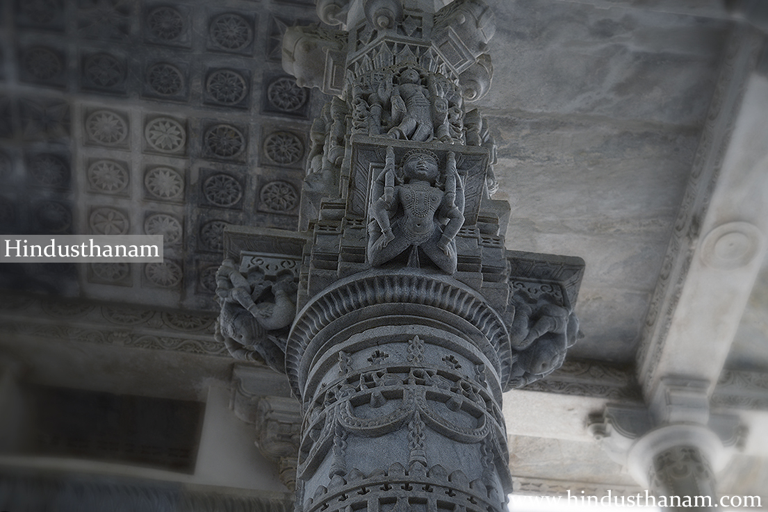 Sculptures on a pillar Inside Chaumukha Jain Temple Ranakpur